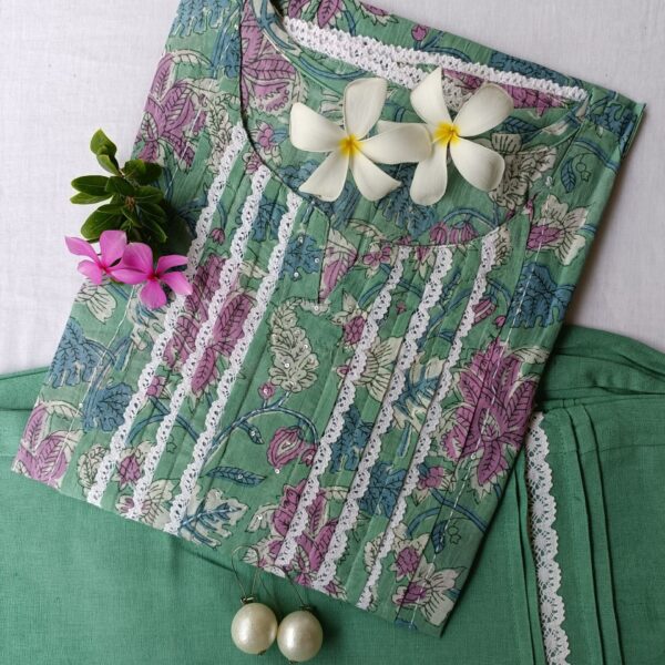 Sea Green Flaura Laced Kurta Set(2pc) - S