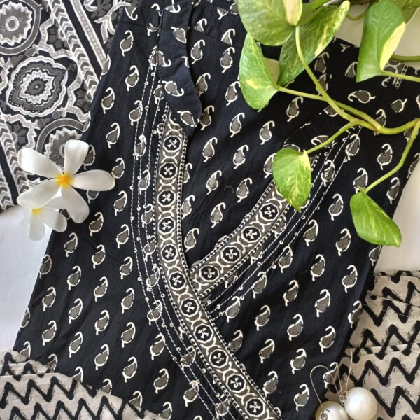 Black Bagru Hand Block Pritned Angrakha Kurta Set(3pc)