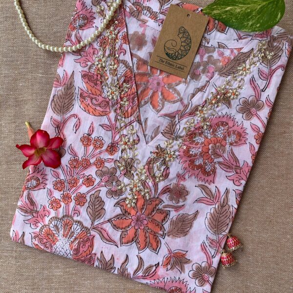 "Peachy Elegance" Hand Work Embellished Cotton kurta