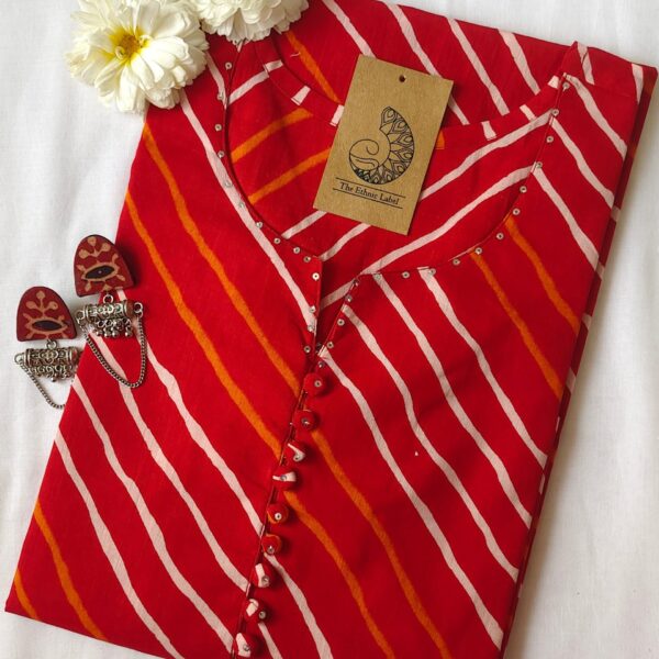 Red Lehriya Buttoned Cotton Kurta-L