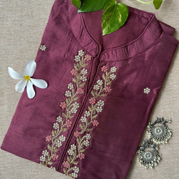 "Meena" Hand Embroidered Wine Silk Kurta