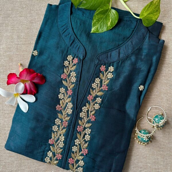 "Meena" Hand Embroidered Turquoise Silk Kurta