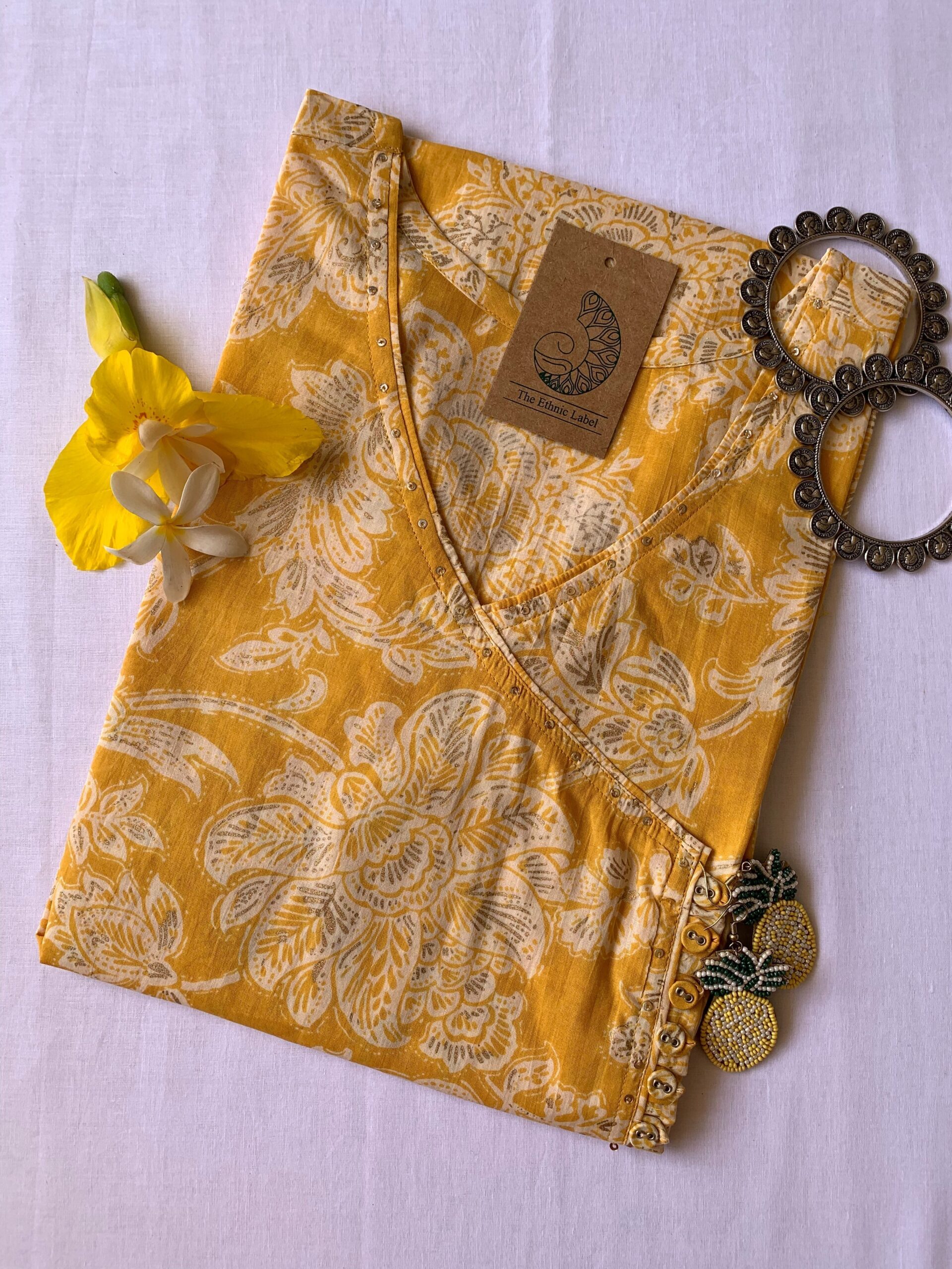 IMG_4022-scaled-1.jpg "Basant" Yellow Floral Angrakha Cotton Kurta - M - Image 1