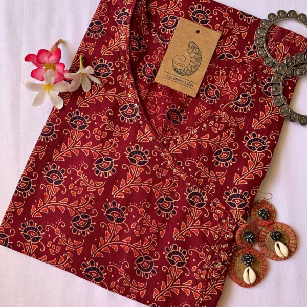 Hand Block Printed Maroon Ajrakh Angrakha Cotton Kurta - S