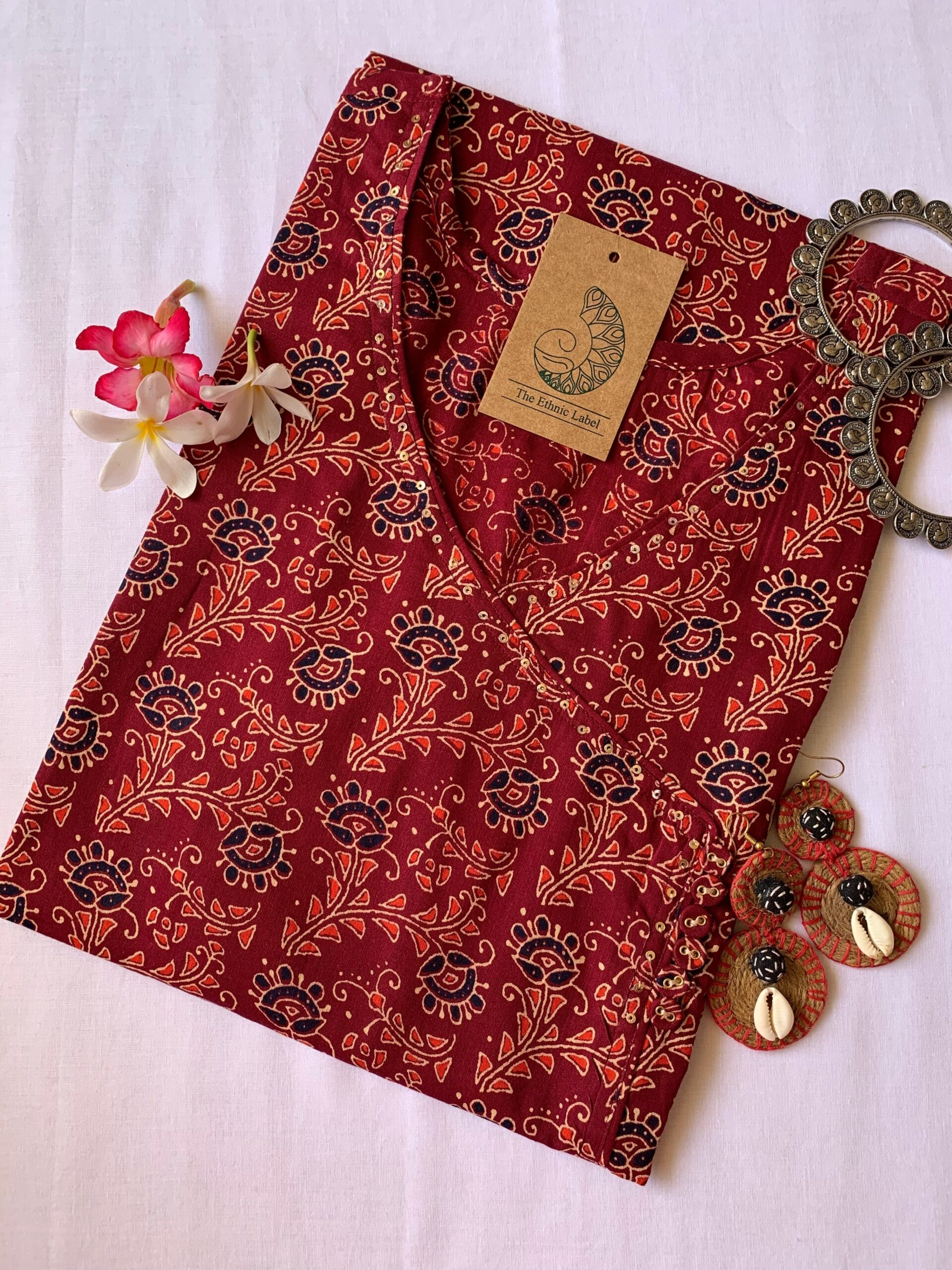 IMG_4049-scaled-1.jpg Hand Block Printed Maroon Ajrakh Angrakha Cotton Kurta - S - Image 1