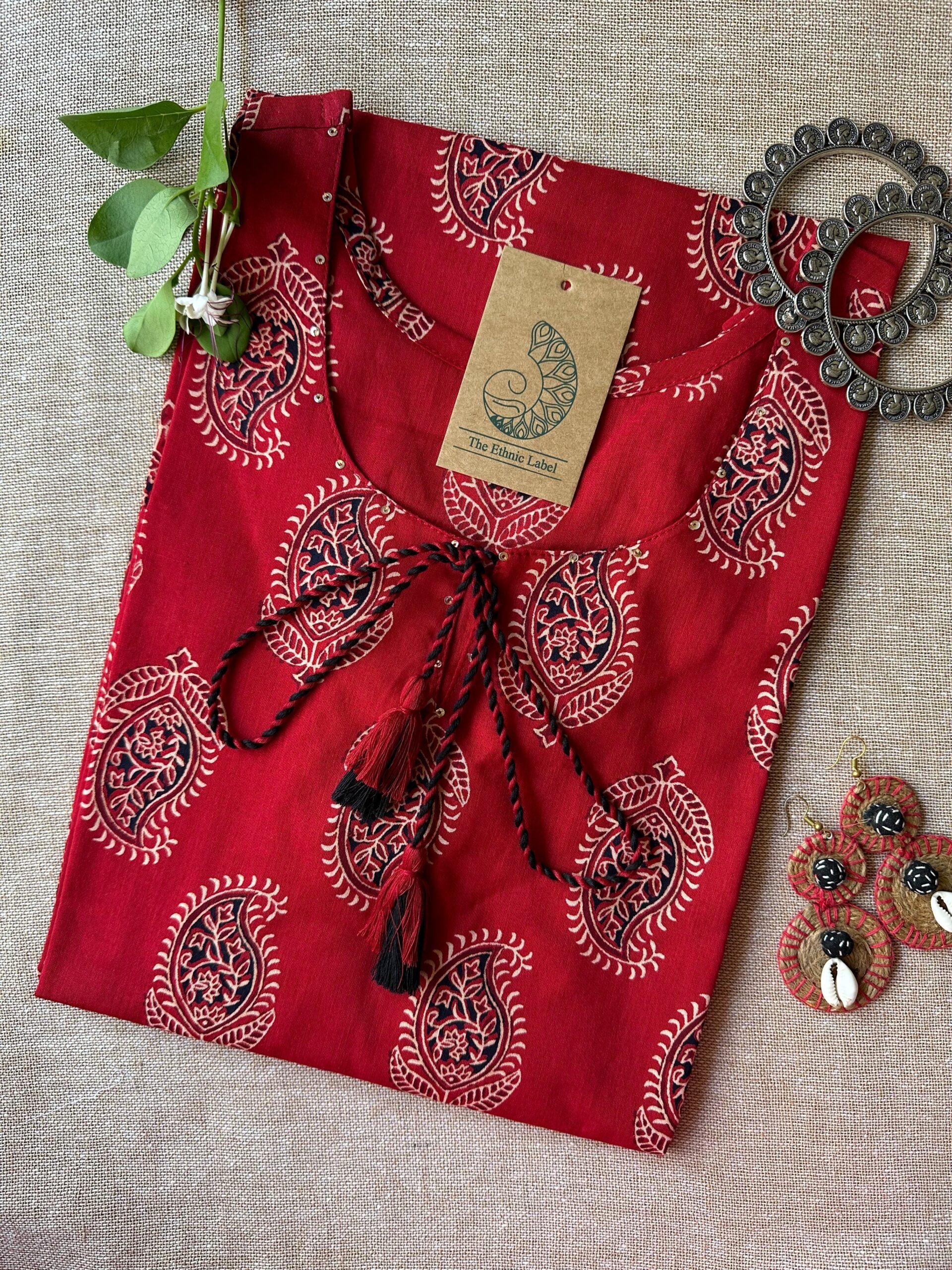 IMG_4167_2-scaled-1.jpg "Paakhi" Deep Red Paisley Hand Block Printed Cotton kurta - Image 1