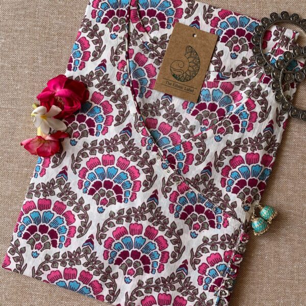 "Orchid" Blue Pink Angrakha Cotton Kurta - M