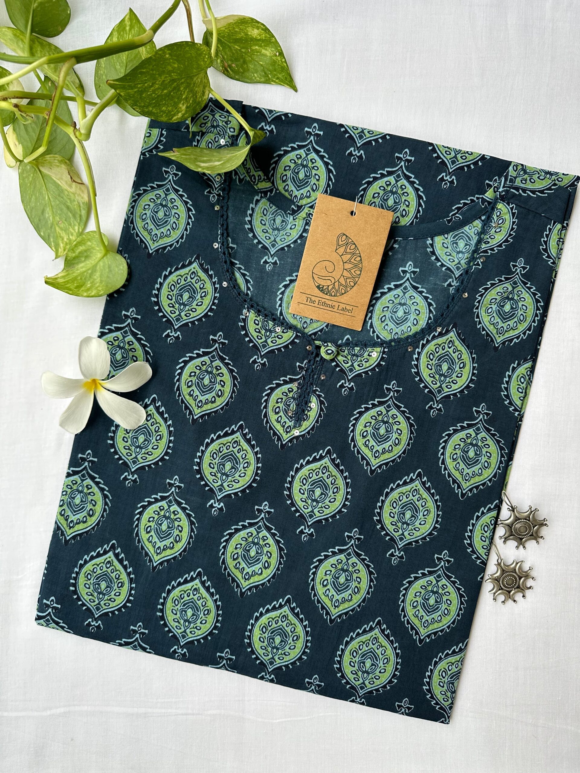 IMG_4793-scaled-1.jpg Blue Ajrakh Hand Block Printed laced Cotton kurta - Big Size - Image 1