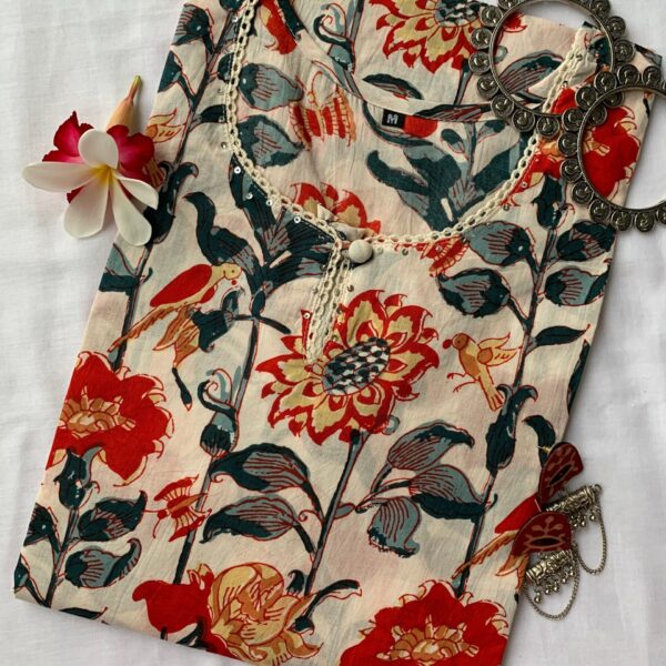 Cream Floral Bird Cotton Kurta