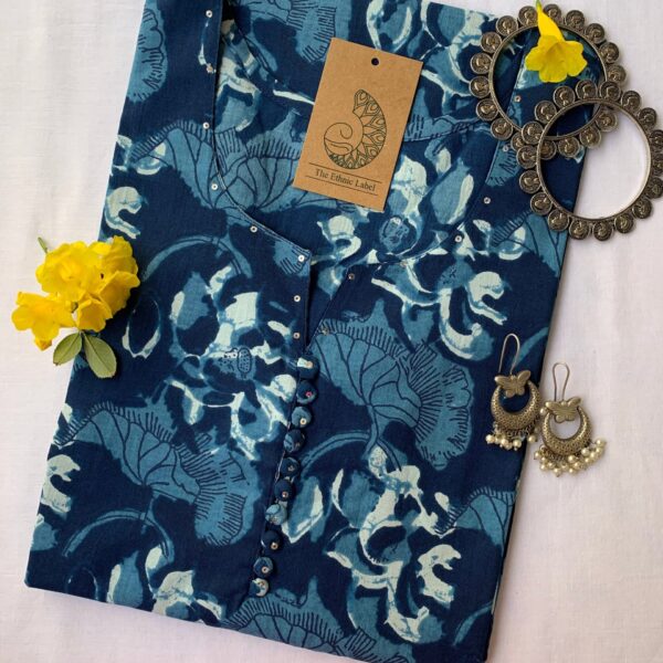 Hand Block Printed Summer Indigo Buttoned Cotton Kurta - XXL