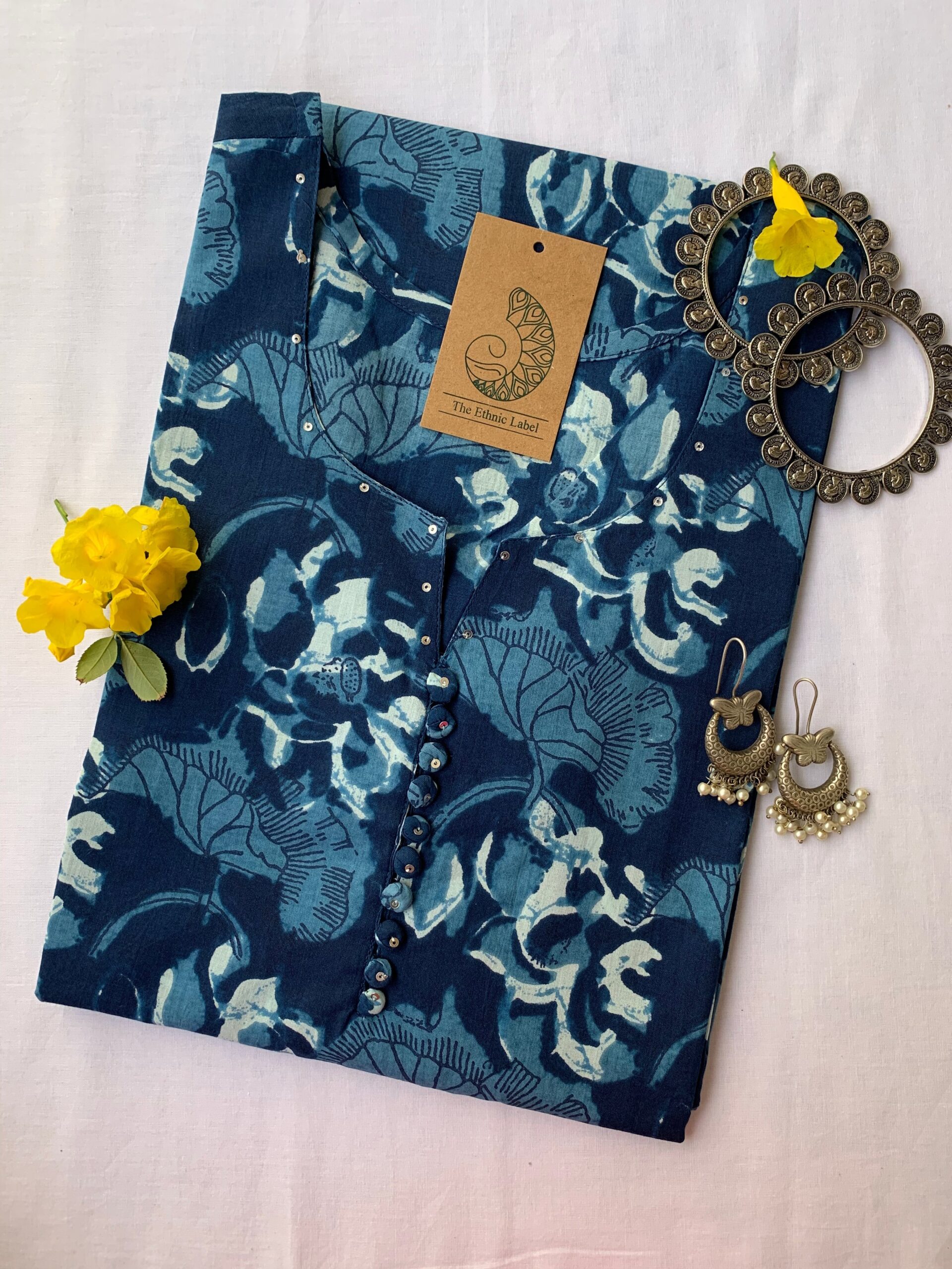 IMG_4861-scaled-1.jpg Hand Block Printed Summer Indigo Buttoned Cotton Kurta - XXL - Image 1