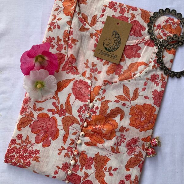"Paradise" White Orange Cotton Kurta