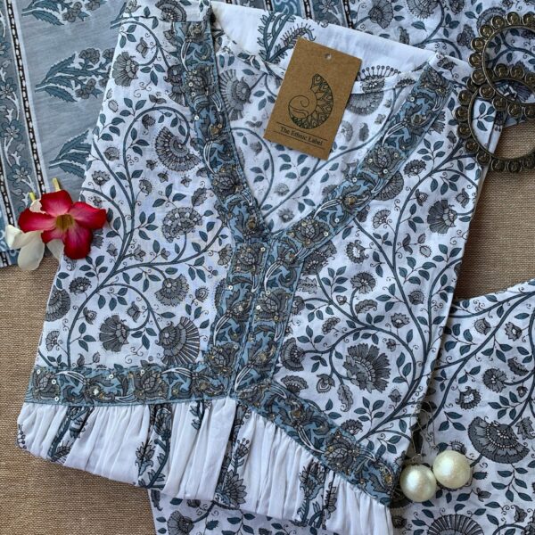 White Grey Mughal Cotton Kurta Set - 3pc