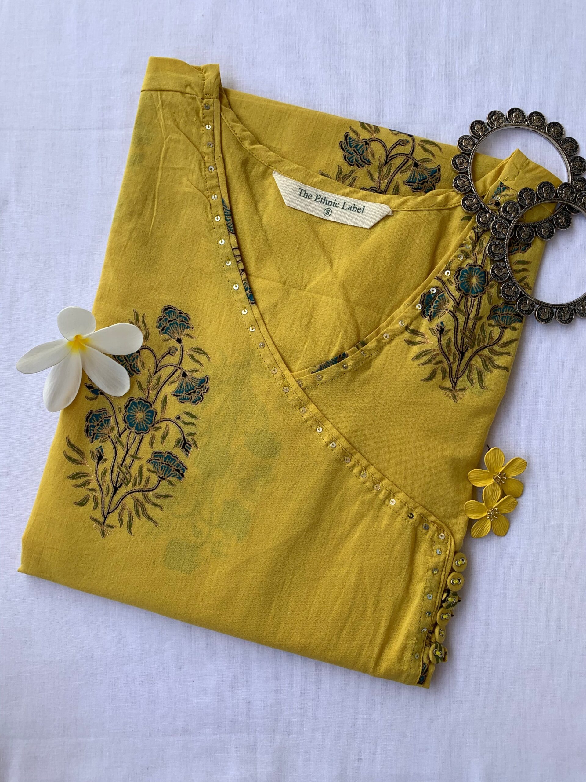 IMG_6580-scaled-1.jpg "Nestasia" Yellow Angrakha Cotton Kurta - XL - Image 1