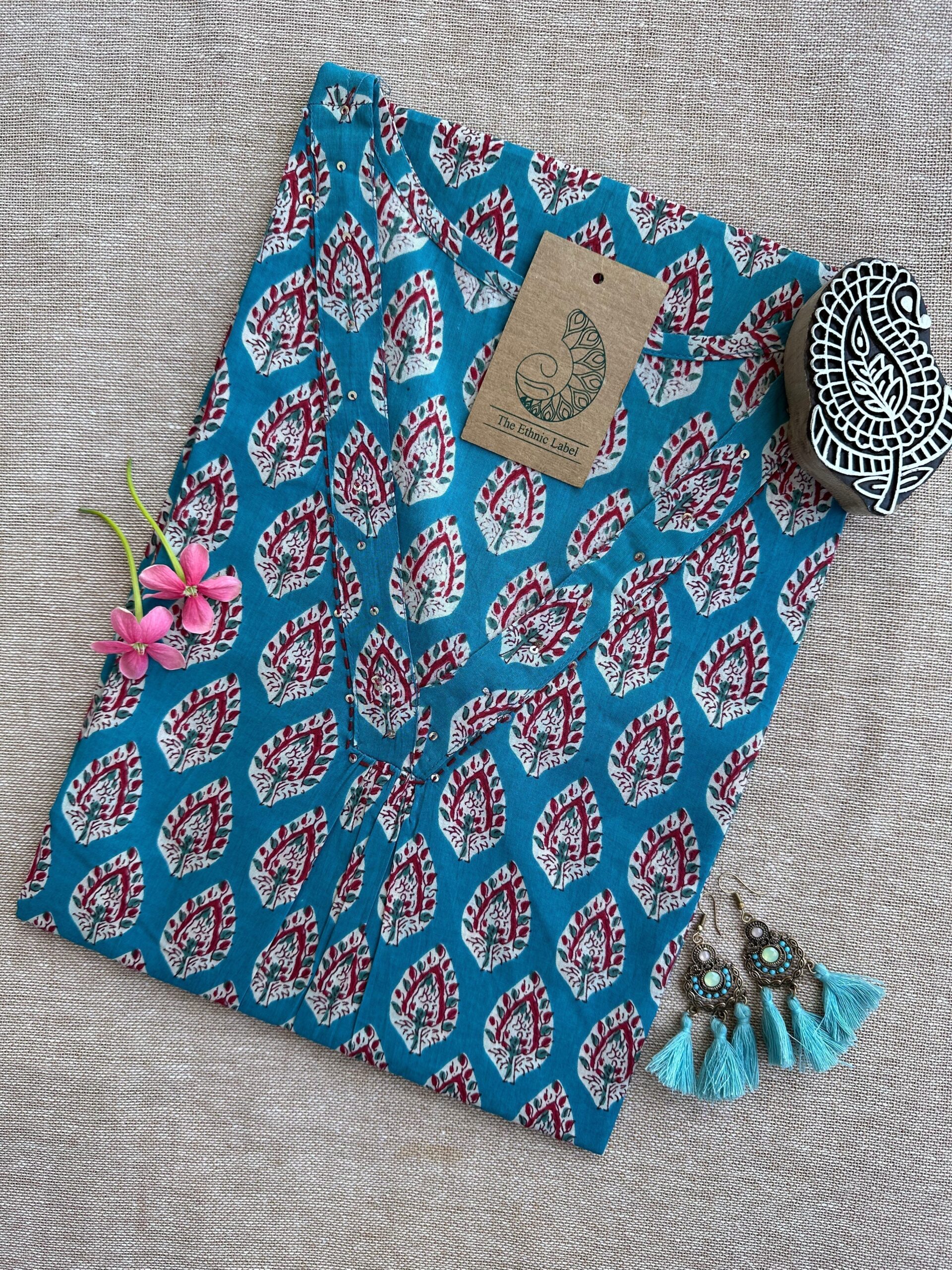 IMG_6812-scaled-1.jpg Syona Blue Boota Hand Block Printed Cotton kurta - Image 1