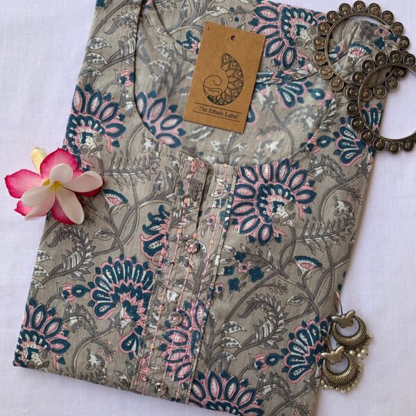 Grey Flaura Jaal Hand Block Printed Cotton Kurta