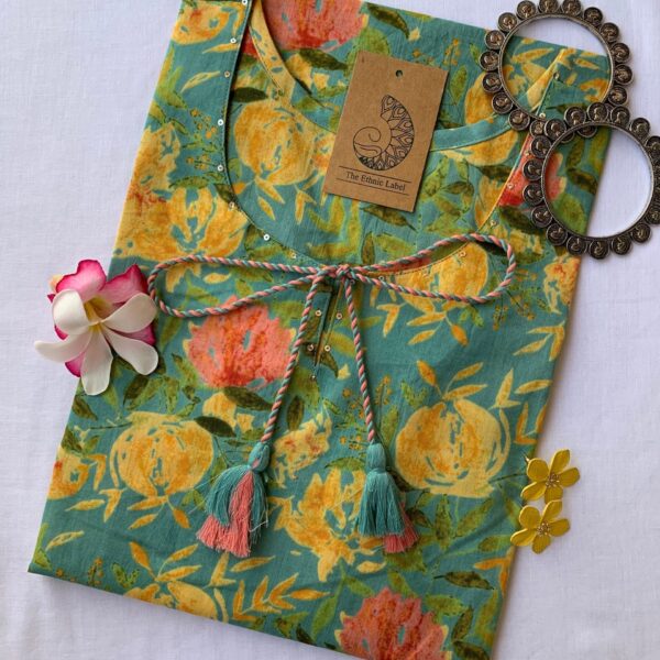 "Daffodils" Sanganer Hand Block Printed Tassel Cotton Kurta