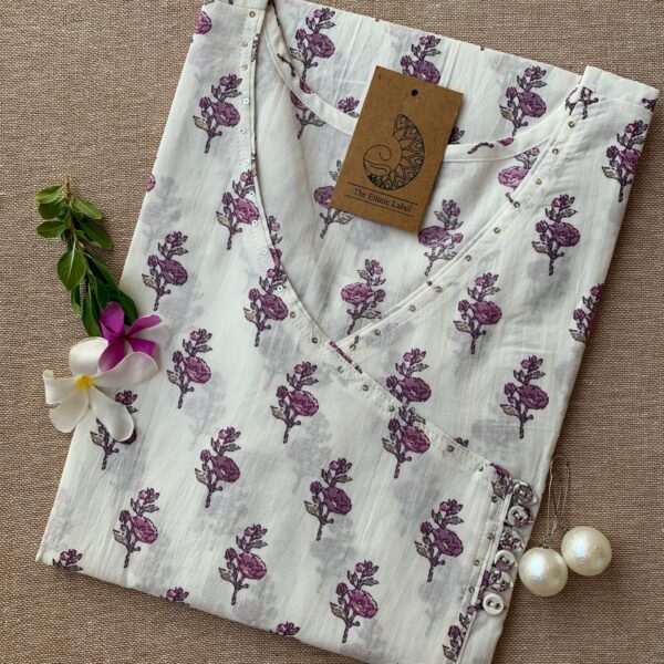 "Purple Pansy" White Angrakha Cotton Kurta - M