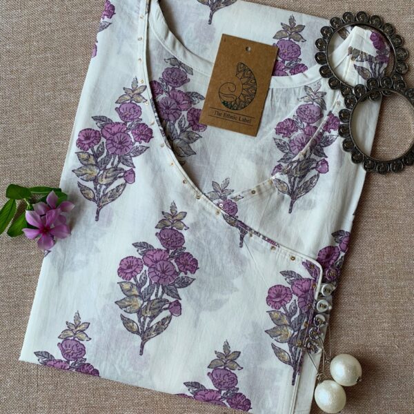 "Verbena" White Purple Angrakha Cotton Kurta