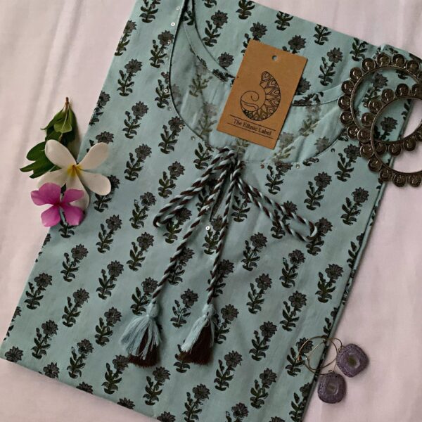 Pastel Blue Boota Tassel Cotton kurta - XL