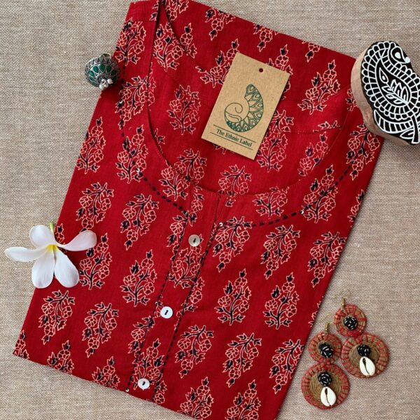 "Roohani" Bagru Kantha Buttoned Cotton kurta