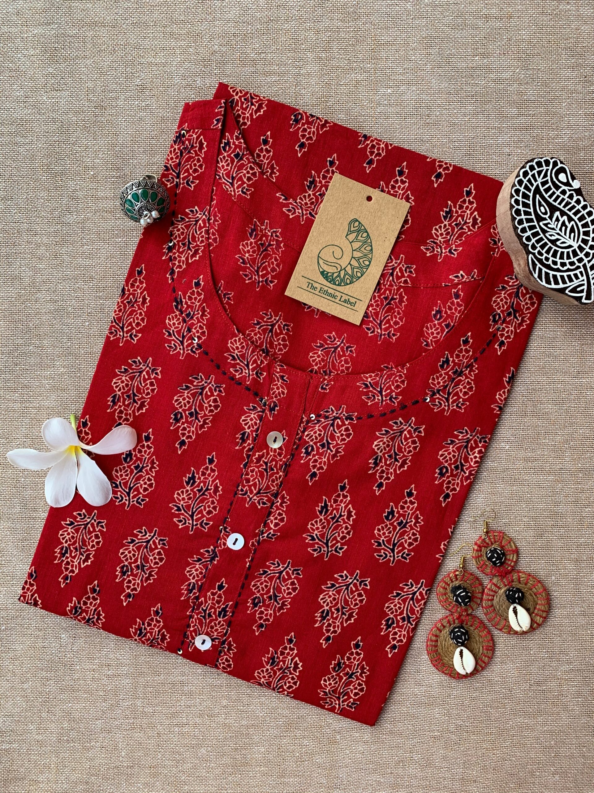 IMG_9899-scaled-1.jpg "Roohani" Bagru Kantha Buttoned Cotton kurta - Image 1
